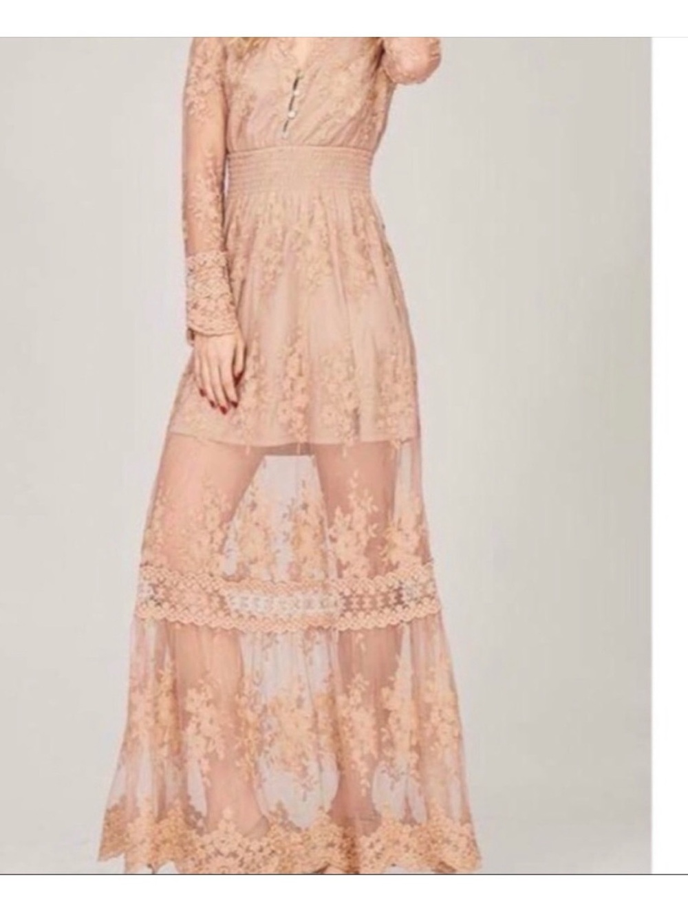 Listicle Blush Lace Maxi Dress with Sheer Floral Overlay - Picture 2 of 8